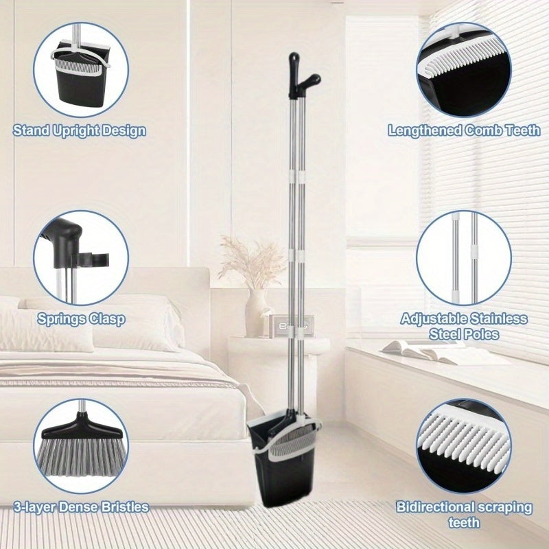 8-Section Stainless Steel Heavy-Duty Broom and Dustpan Set with Long Pole - Heavy-Dust Broom & Pan Combo for Hard Floors, Pet Hair, Ceiling\u002FWall Cleaning - Ideal for Home, Kitchen, Office - Durable Multi-Surface Care System
