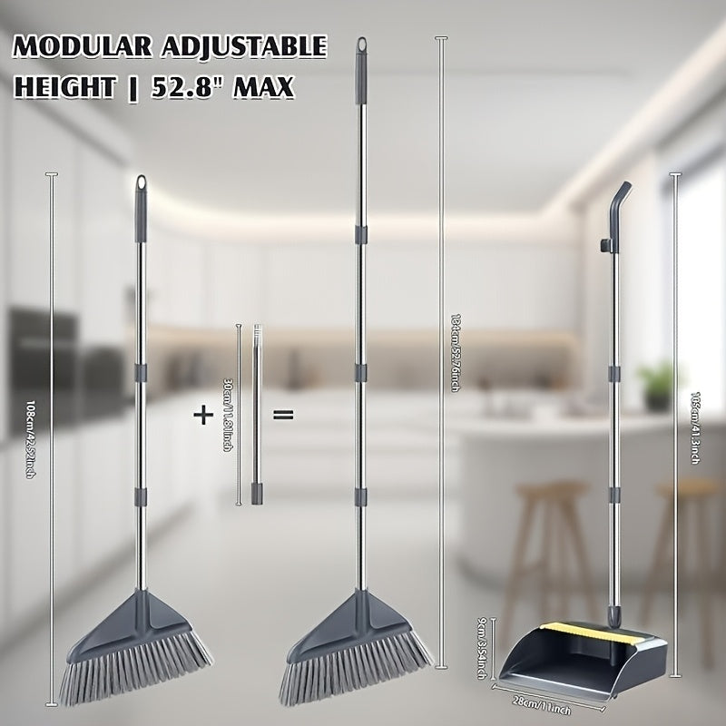 Broom and Dustpan Set | Durable Metal Edge Broom Dustpan Combo, 52.8In Adjustable Long Handle Broom, Enlarged And Thickened Bristles, With Dustpan Teeth To Auto Clean Hair, Ideal For Home, Office, School, Mall Supermarket Cleaning