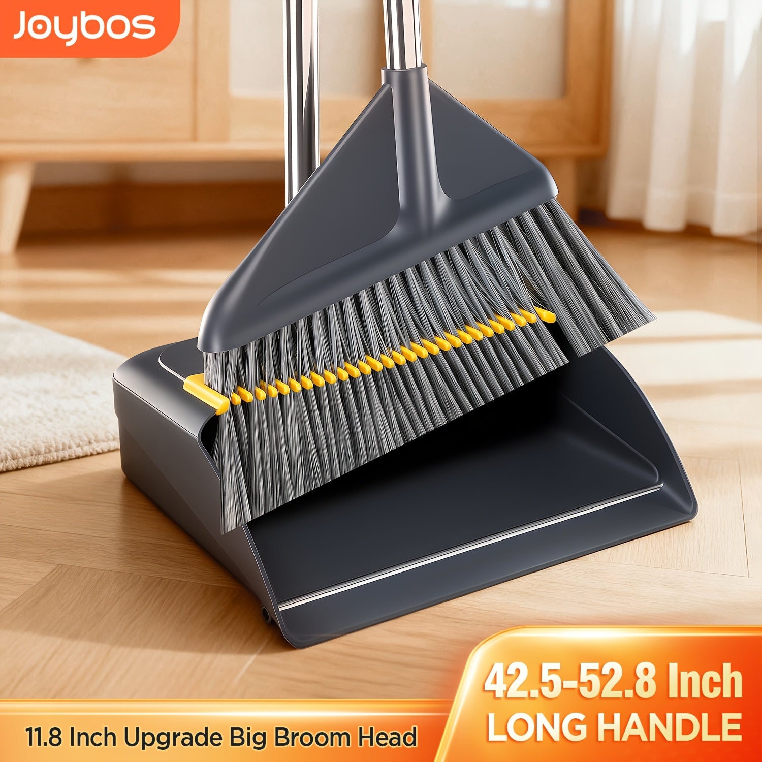 Broom and Dustpan Set | Durable Metal Edge Broom Dustpan Combo, 52.8In Adjustable Long Handle Broom, Enlarged And Thickened Bristles, With Dustpan Teeth To Auto Clean Hair, Ideal For Home, Office, School, Mall Supermarket Cleaning