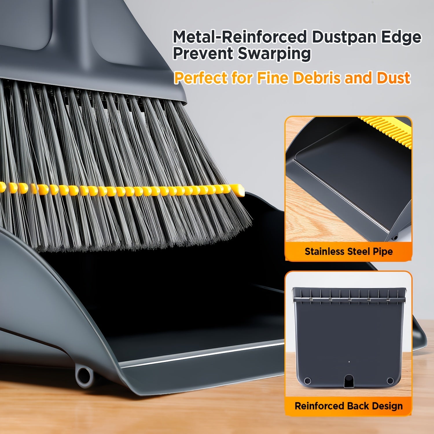 Broom and Dustpan Set | Durable Metal Edge Broom Dustpan Combo, 52.8In Adjustable Long Handle Broom, Enlarged And Thickened Bristles, With Dustpan Teeth To Auto Clean Hair, Ideal For Home, Office, School, Mall Supermarket Cleaning