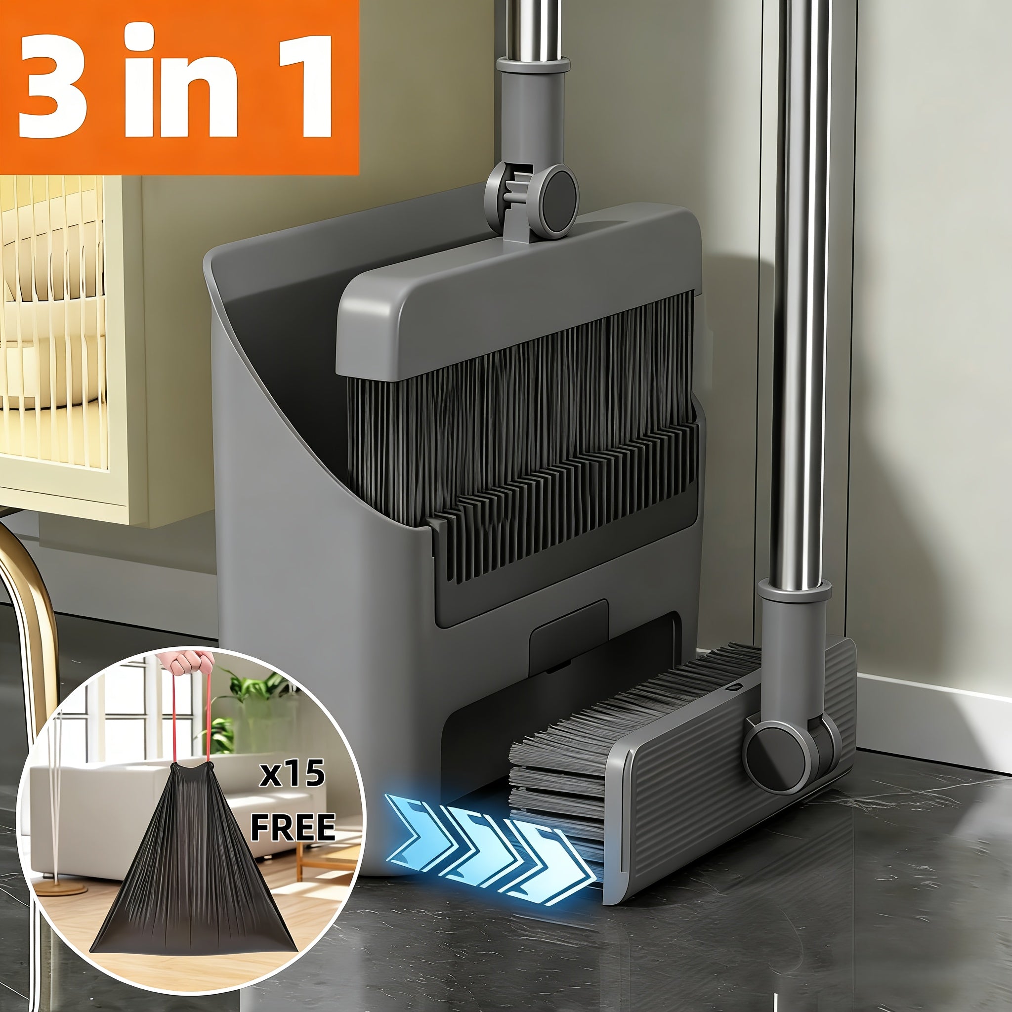 3-in-1 Broom And Dustpan, Foldable For Storage, With Soft-Bristle Broom Cover, Suitable For Sweeping And Cleaning (Gray)